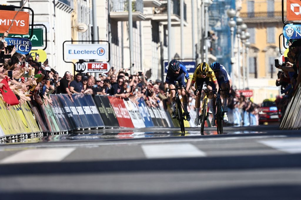 GroupamaFDJs French rider David Gaudu CL JumboVismas Danish rider Jonas Vingegaard and Team Jayco Alulas British rider Simon Yates cycle to cross the finish line of the 8th and final stage of the 81st Paris Nice cycling race 1175 km between Nice and Nice on the Promenade des Anglais of the French riviera city of Nice southeastern France on March 12 2023 Slovenias Tadej Pogacar wins ParisNice title after winning the final stage on March 12 2023 Photo by AnneChristine POUJOULAT AFP Photo by ANNECHRISTINE POUJOULATAFP via Getty Images