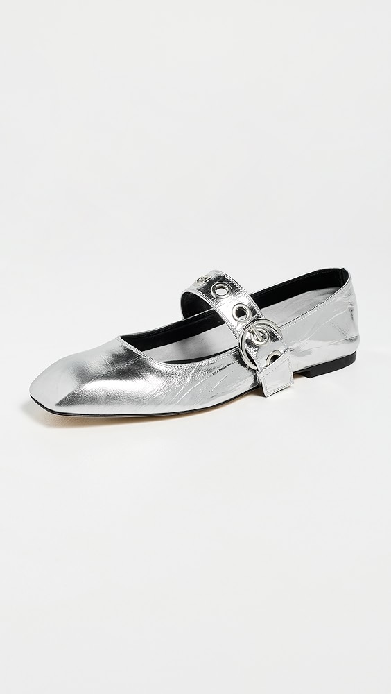Uma Eyelet Crackle Laminated Calf Leather Silver Flats - Silver