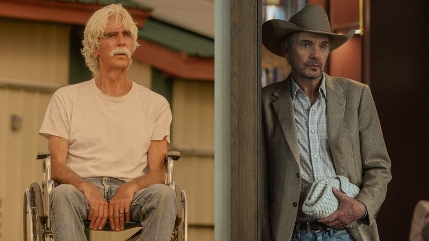 From left to right: Sam Elliott as TL in a wheelchair and Billy Bob Thornton as Tommy standing and holding a purse in his right hand. 