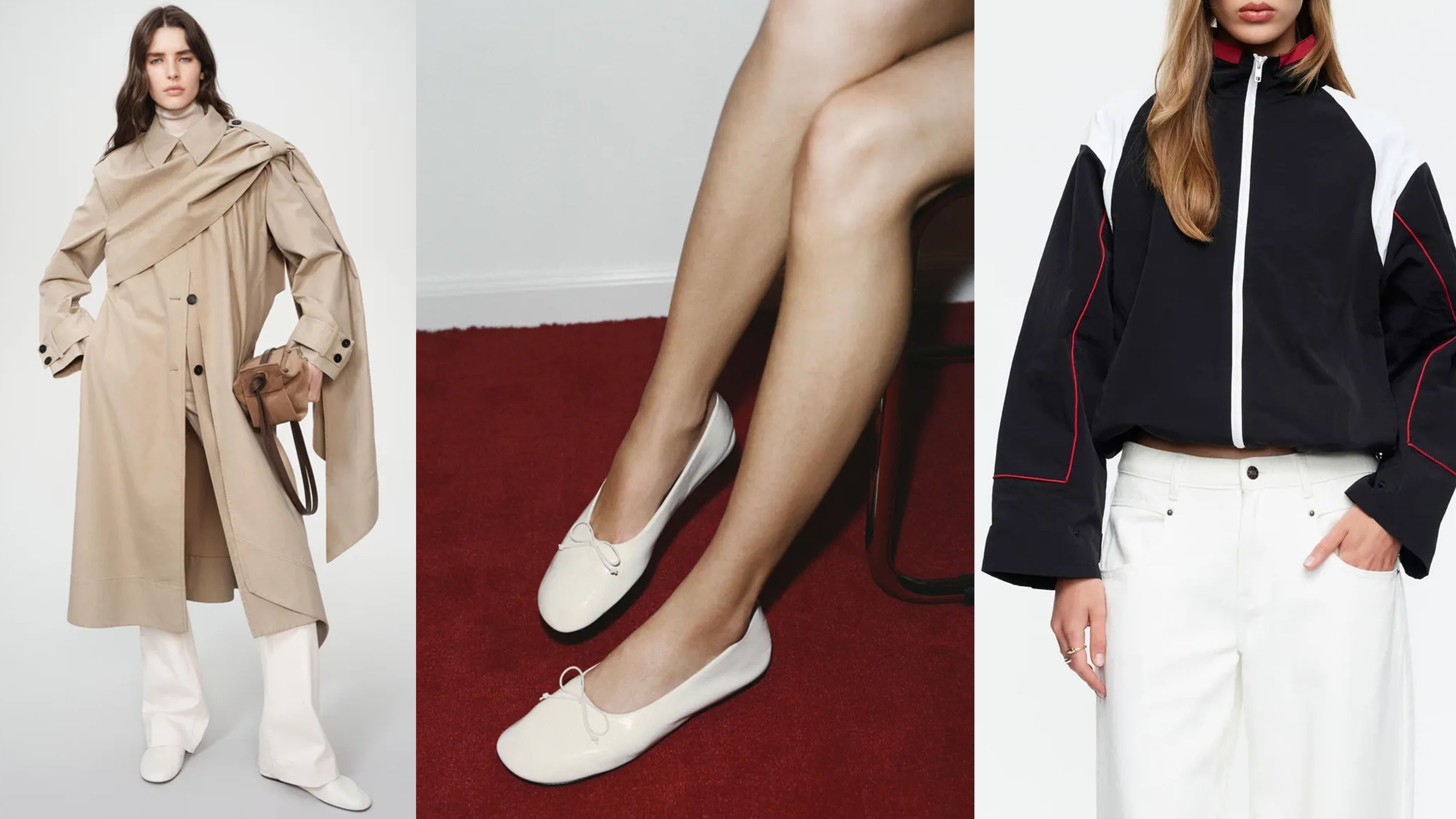 Woman in a trench coat; an image of white ballet flats; an image of a woman wearing a black windbreaker
