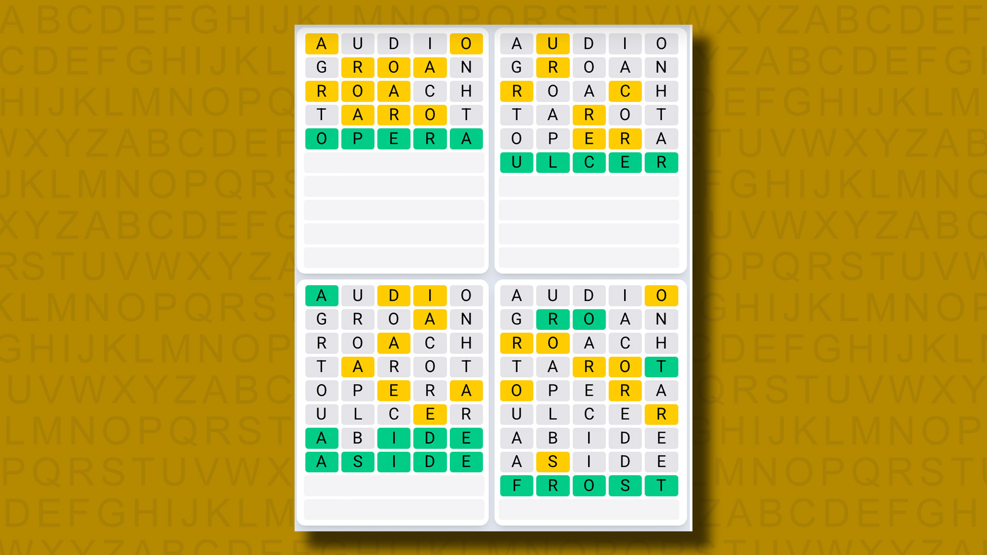 Quordle Daily Sequence answers for game 1220 on a yellow background