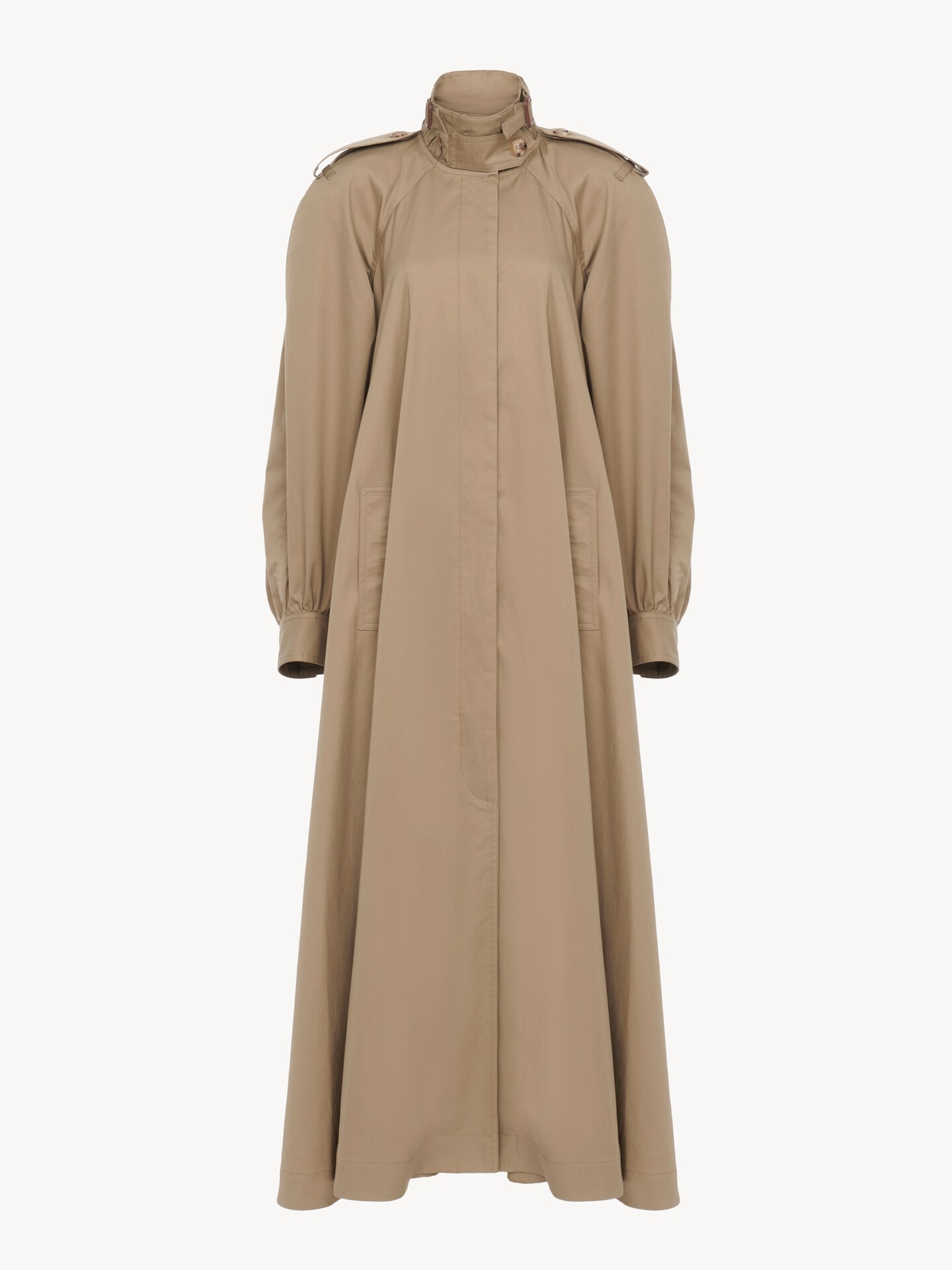 High-Neck Long Trench Coat in Cotton Gabardine