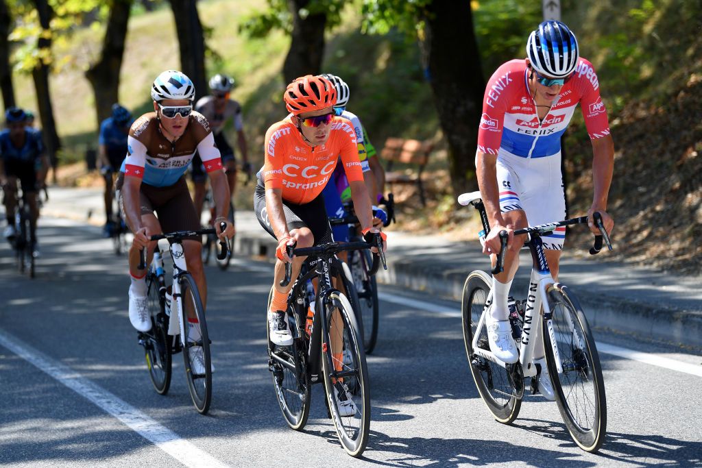 LORETO ITALY SEPTEMBER 13 Silvan Dillier of Switzerland and Team AG2R La Mondiale William Barta of The United States and CCC Team Mathieu Van Der Poel of The Netherlands and Team AlpecinFenix during the 55th TirrenoAdriatico 2020 Stage 7 a 181km stage from Pieve Torina to Loreto 114m TirrenAdriatico on September 13 2020 in Loreto Italy Photo by Justin SetterfieldGetty Images