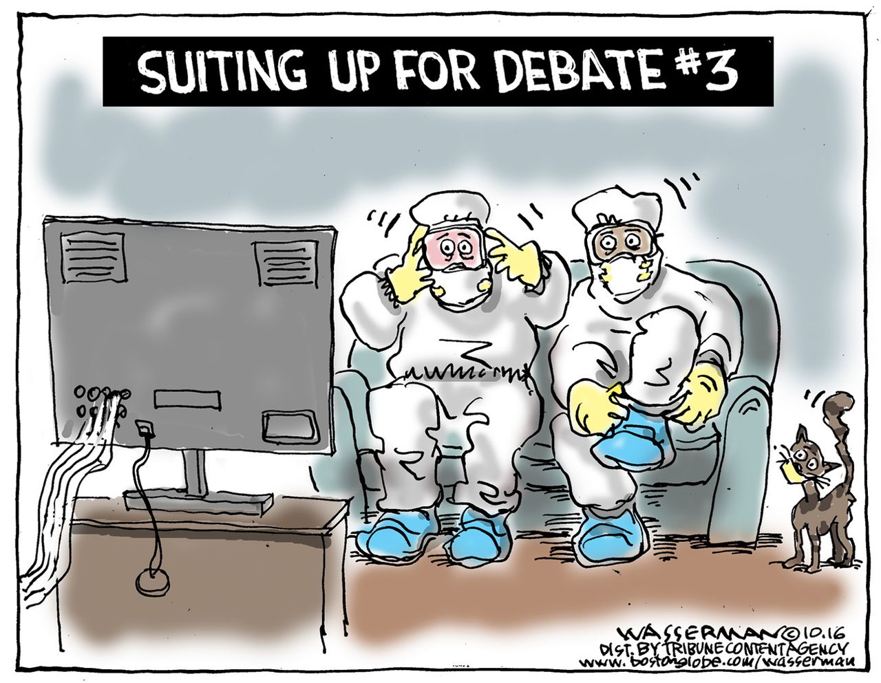 Political cartoon U.S. 2016 election Donald Trump Hillary Clinton final presidential debate