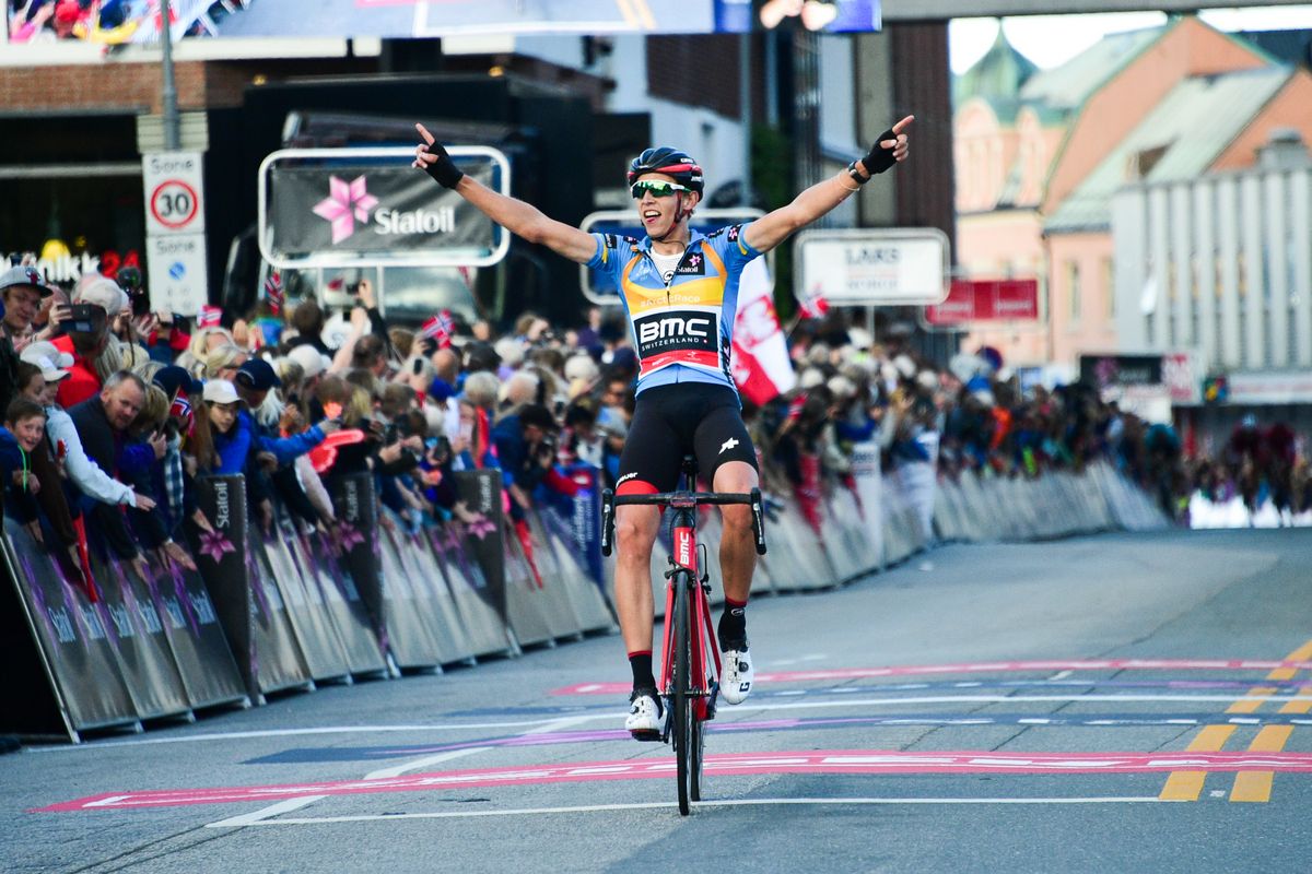 Dylan Teuns (BMC) celebrates his second stage win of the race and overall victory
