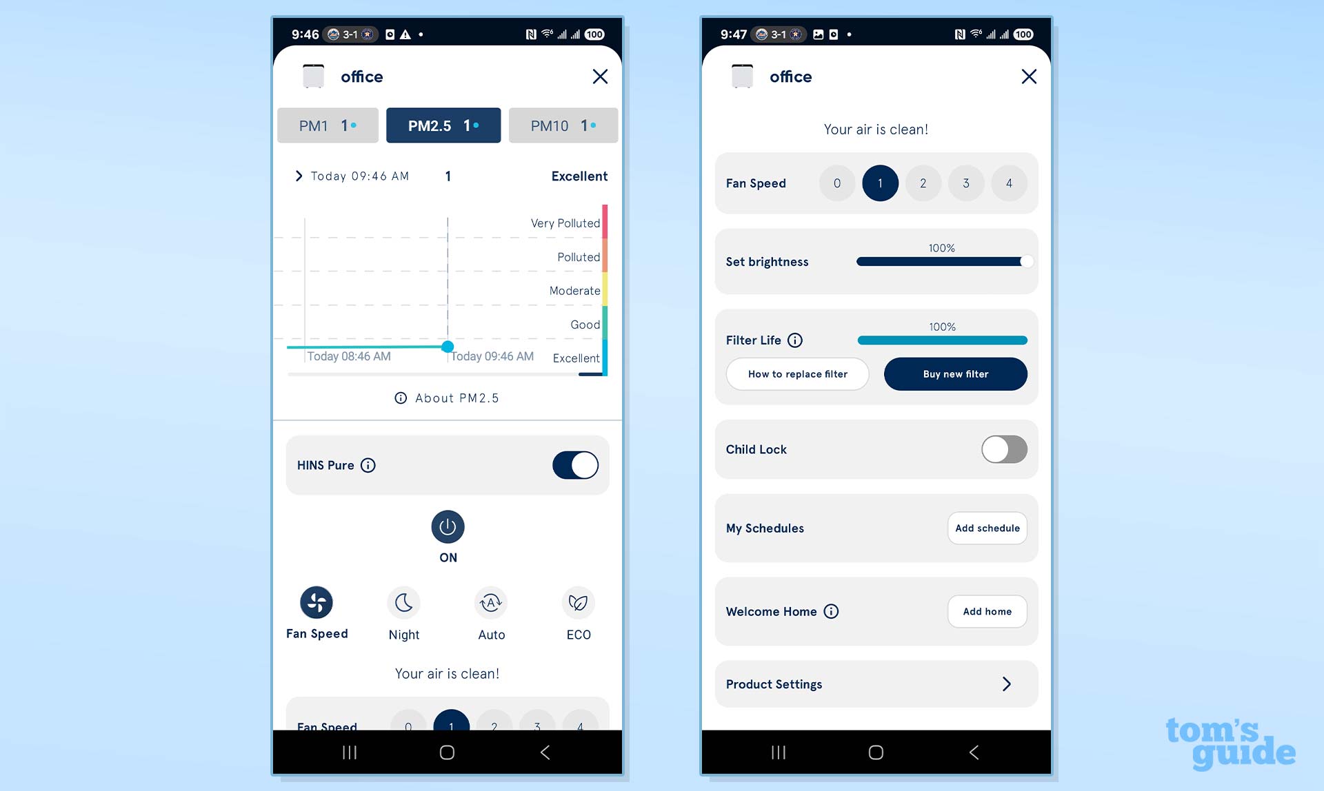 Blueair Classic Pro CP7i air purifier app menu