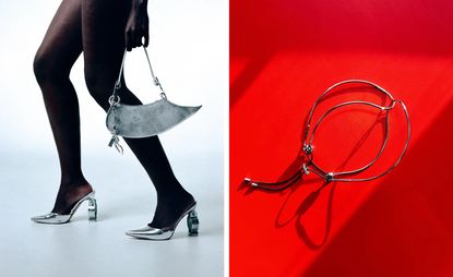 APOC Store Christmas e-market cover image with woman with silver handbag and shoes on left and adjustable sculptural metal bracelet on red background on right