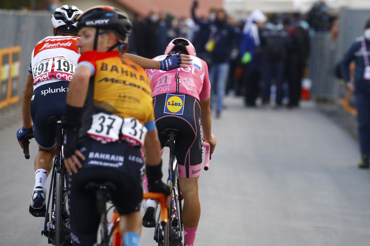 Giro dItalia 2020 103rd Edition 18th stage Pinzolo Laghi di Cancano 207 km 22102020 Joao Almeida POR Deceuninck Quick Step Vincenzo Nibali ITA Trek Segafredo photo Roberto BettiniBettiniPhoto2020