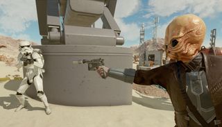 An alien shooting at a stormtrooper