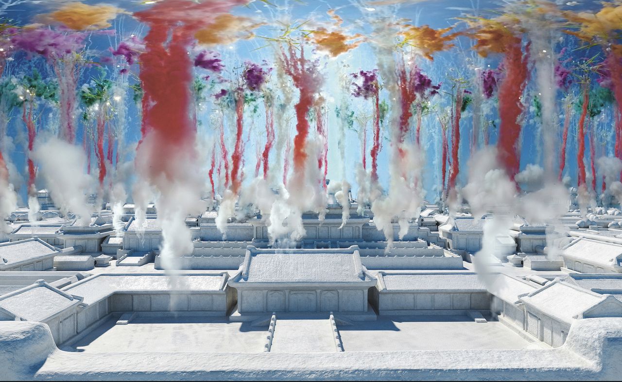 A daytime fireworks display at the Forbidden City, the first virtual reality artwork by Chinese artist Cai Guo-Qiang 