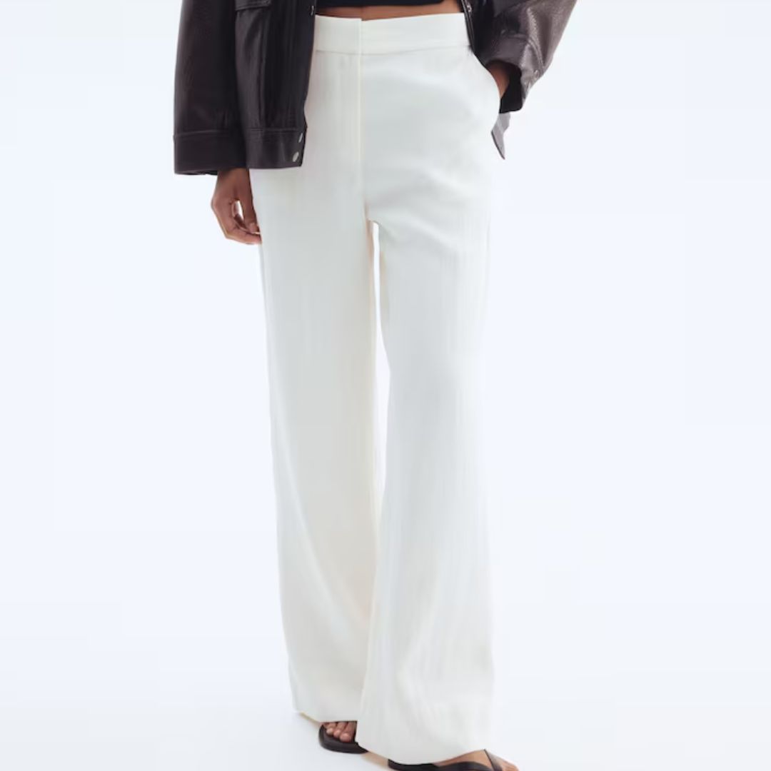 H&M White Wide-Leg Twill Trousers