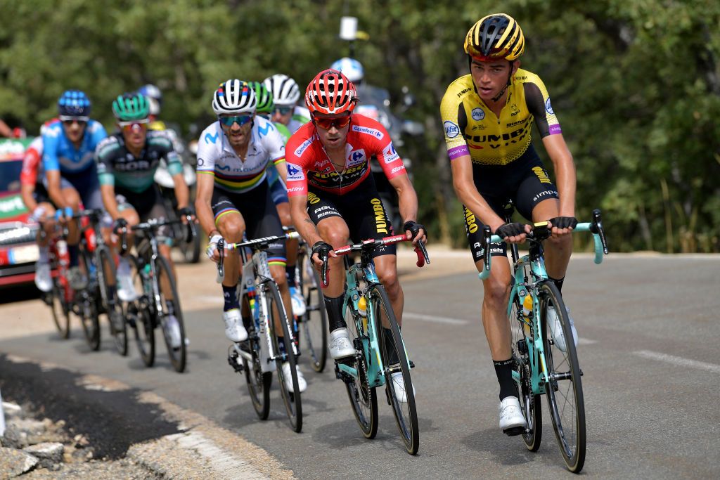 Sepp Kuss (Jumbo-Visma) leads the GC group