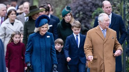 Princess Charlotte, Catherine, Princess of Wales, Camilla, Queen Consort, Prince Louis, Prince George, King Charles III and Prince William, Prince of Wales attend the Christmas Day service at Sandringham Church on December 25, 2022