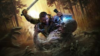 Key art for Dying Light: The Beast showing Kyle Crane stunning an infected undead zombie in waist high water with a taser while raising a machete to finish the job - all while more infected hands reach out of the dense foliage towards him