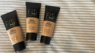 image of the three shades of Maybelline Fit Me Foundation tested