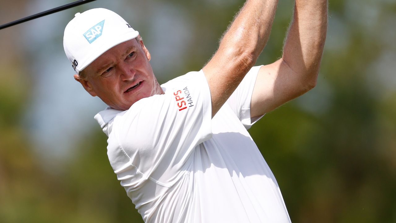 Ernie Els takes a tee shot at the 2023 Chubb Classic