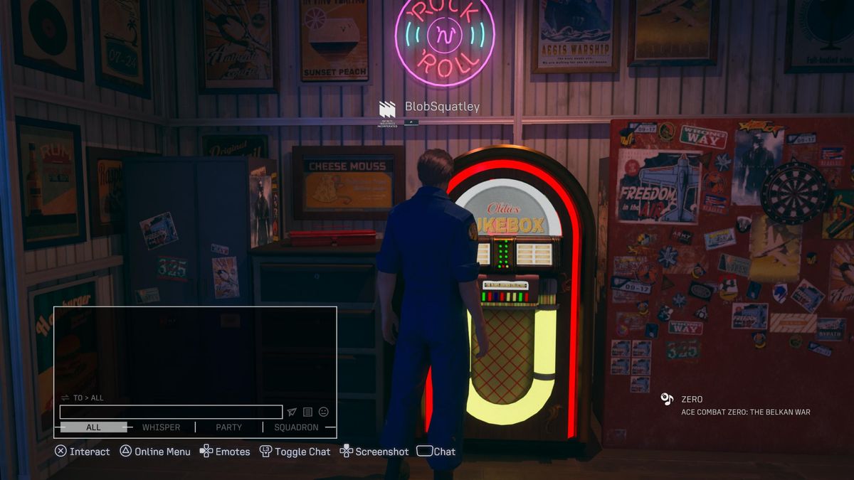 Ace Combat Online screenshot showing a character standing by a jukebox