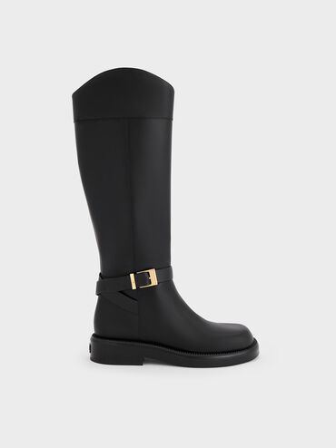 Leather Buckled-Strap Knee-High Boots