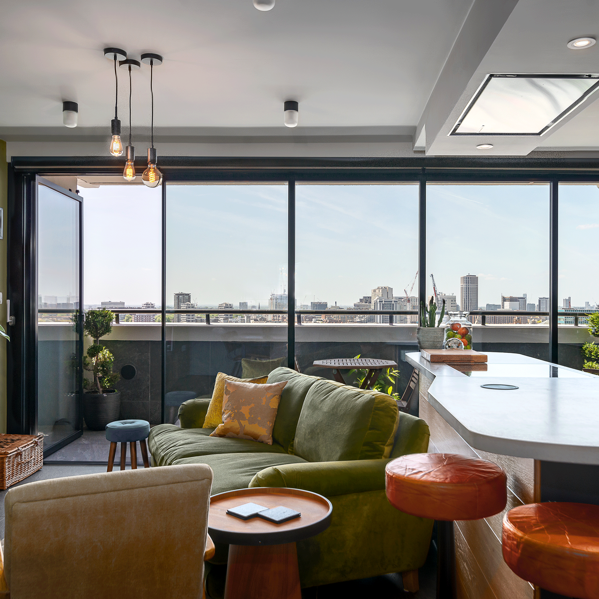 Slide and turn doors overlooking a city