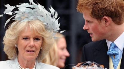 Camilla, Duchess of Cornwall and Prince Harry attend the wedding of Peter Phillips and Autumn Kelly at St. George's Chapel on May 17, 2008 in Windsor, England.