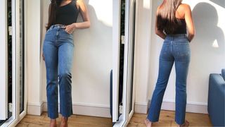 model wearing ASOS DESIGN Tall High Rise Stretch Crop Kick Flare Jeans in midwash
