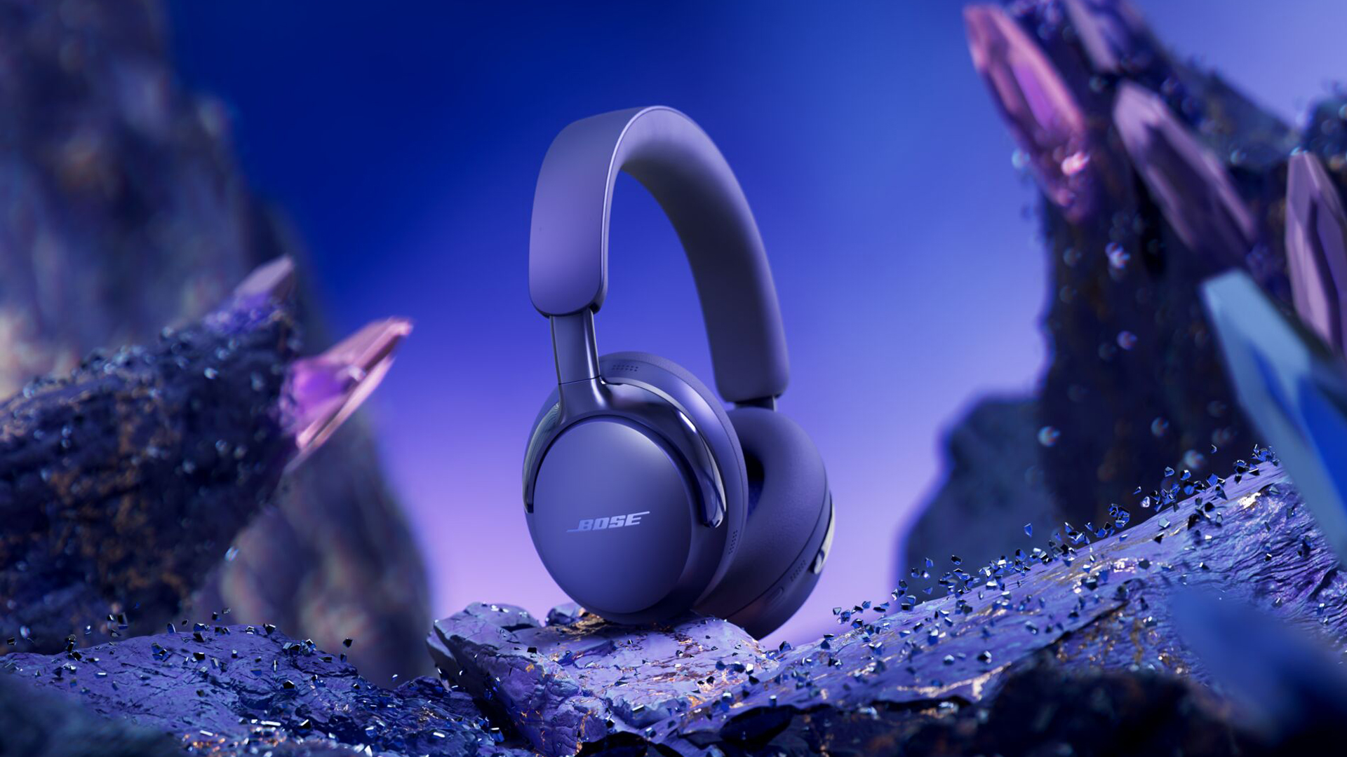 Bose QuietComfort Ultra Headphones in Midnight Violet over an other worldly background