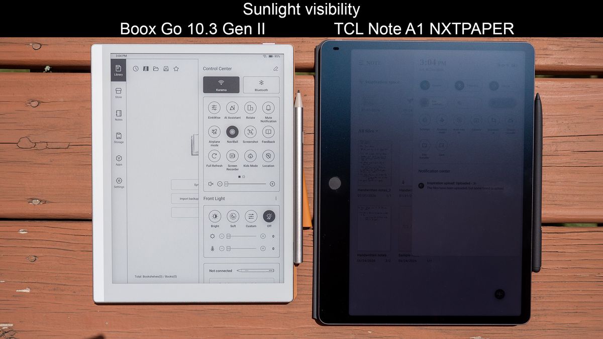 Comparing sunlight visibility of the Boox Go 10.3 Gen II and the TCL Note A1 NXTPAPER's displays
