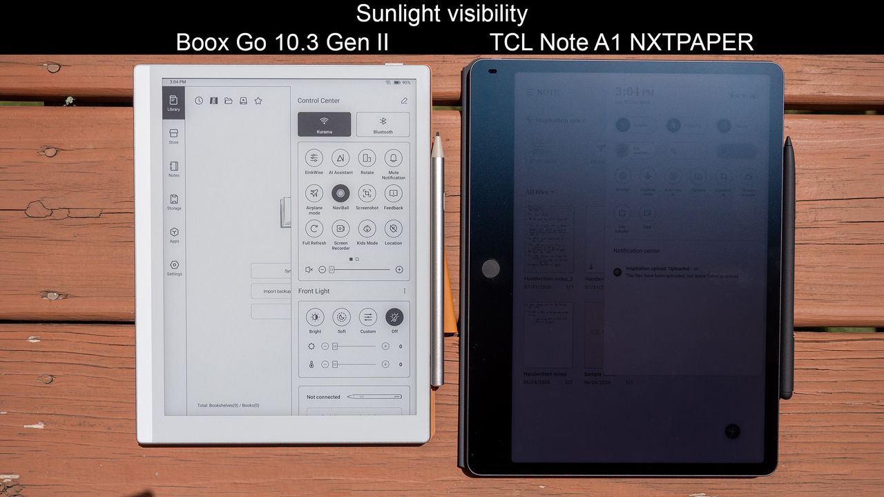 Comparing sunlight visibility of the Boox Go 10.3 Gen II and the TCL Note A1 NXTPAPER's displays