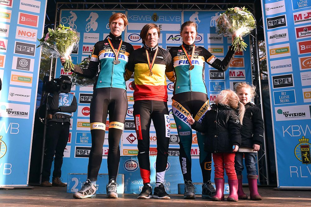 Ellen Van Loy, Sanne Cant and Loes Sels on the Belgian women's podium.