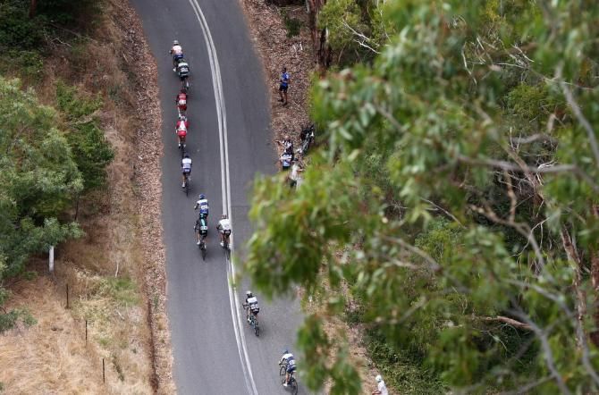 An aerial shot of the peloton on the Corkscrew just before Cadel Evans made his move