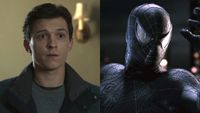 Peter Parker (Tom Holland) looks ahead in Spider-Man: No Way Home, while Spider-Man (Tobey Maguire) checks out his new suit in Spider-Man 3.