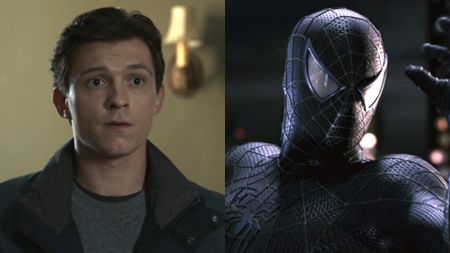 Peter Parker (Tom Holland) looks ahead in Spider-Man: No Way Home, while Spider-Man (Tobey Maguire) checks out his new suit in Spider-Man 3.