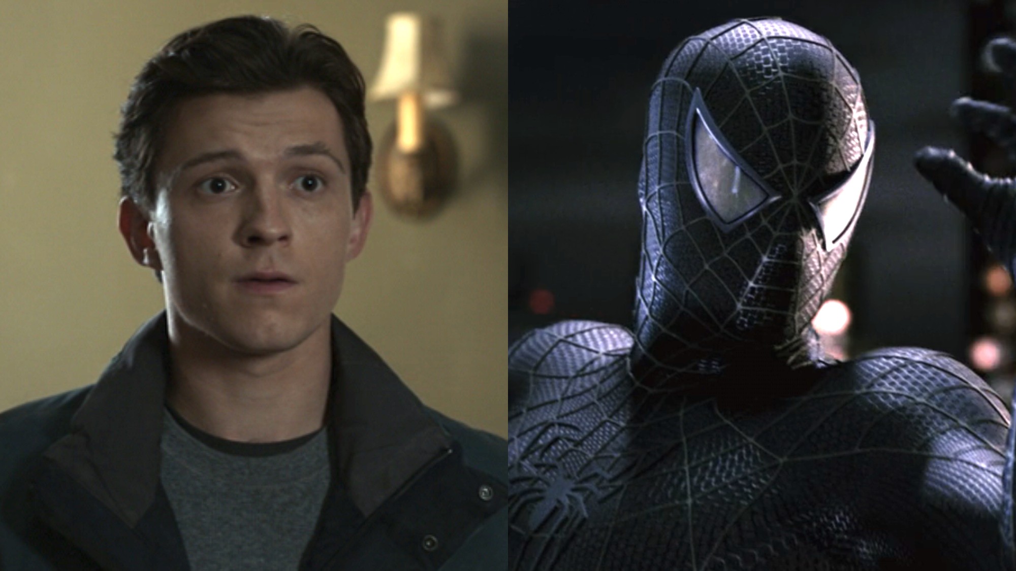 Peter Parker (Tom Holland) looks ahead in Spider-Man: No Way Home, while Spider-Man (Tobey Maguire) checks out his new suit in Spider-Man 3.