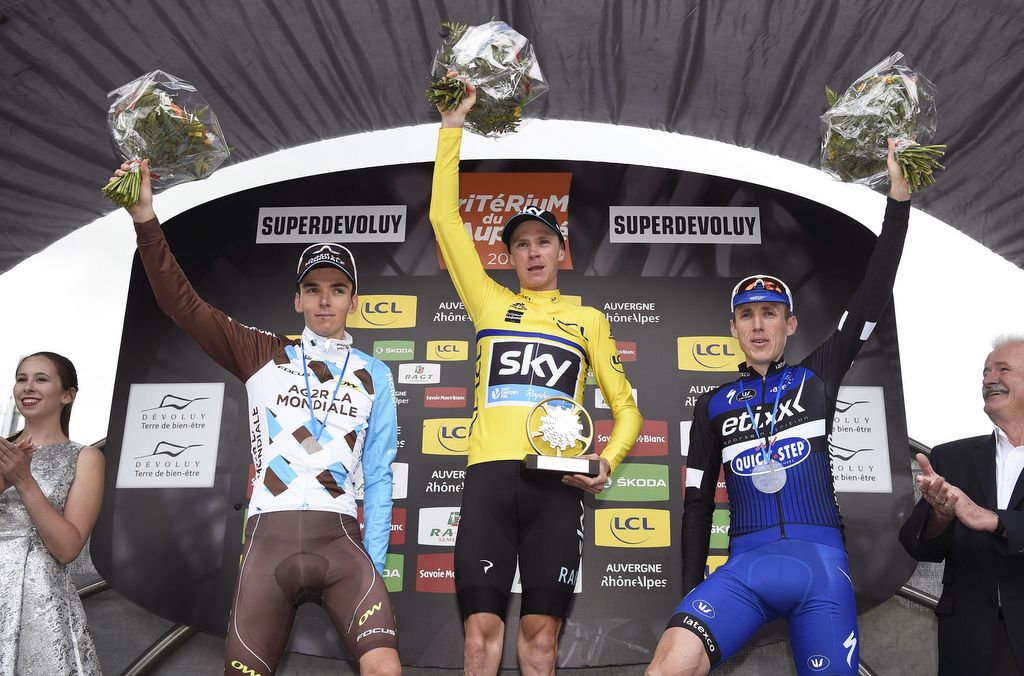 The final podium of Romain Bardet, Chris Froome and Dan Martin