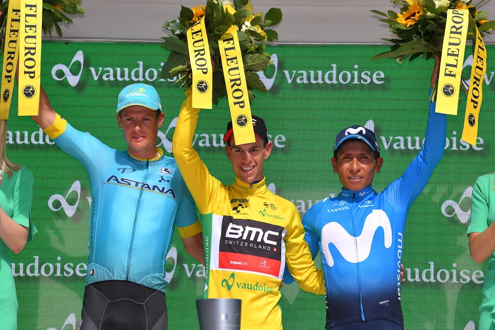 Tour de Suisse 2018 podium (from left): Jakob Fuglsang, Richie Porte and Nairo Quintana
