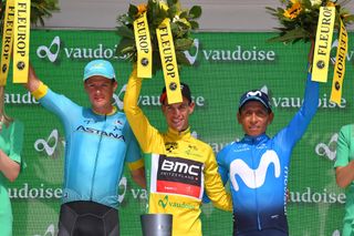 Tour de Suisse 2018 podium (from left): Jakob Fuglsang, Richie Porte and Nairo Quintana