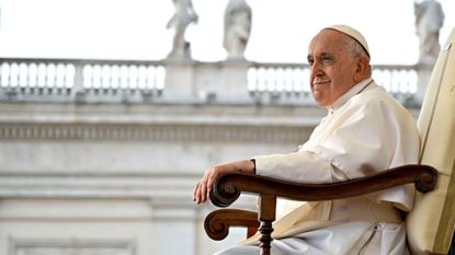 Pope Francis speaks to an audience during a weekly meeting in Vatican City on Oct. 18, 2023. 