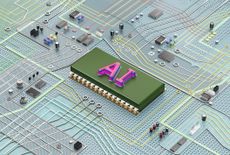 a complex circuit board with AI chip in the center and AI written in pink