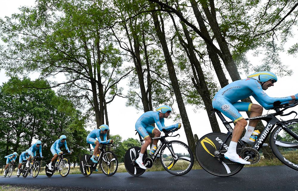 Astana in action during the Dauphine team time trial.