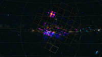 A view of the Milky Way from Einstein's Probe's perspective. There are various squares overlain on the image and bright purple spots of X-ray activity.
