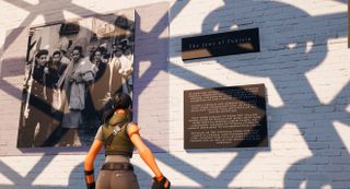 An avatar looks at an exhibit in the Fortnite Holocaust museum.