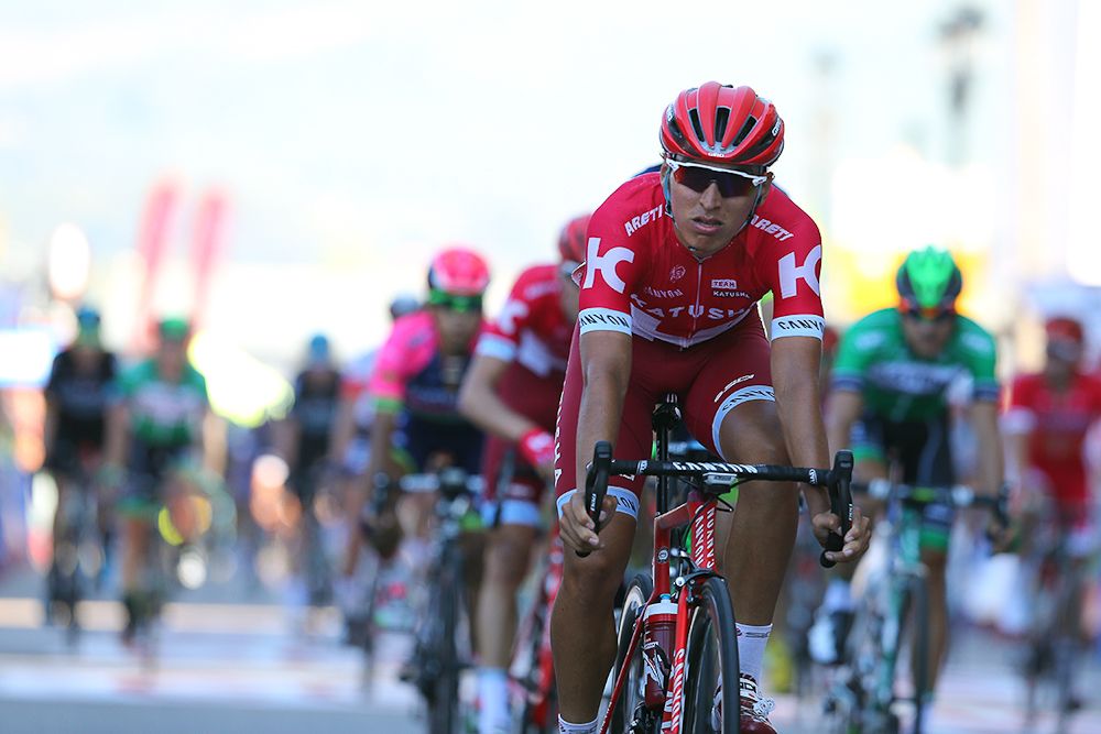 Jhonatan Restrepo at the end of the Vuelta's second stage