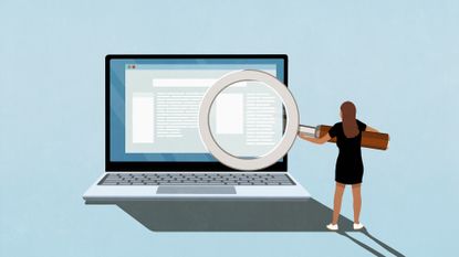 A drawing of a businesswoman holding a magnifying glass in front of a laptop, signifying generative engine optimization (GEO) as well as search engine optimisation (SEO).