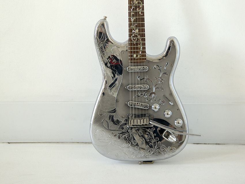 No wonder Stewart wears sunglasses so much. Check out this Fender Custom Shop silver Stratocaster, which "never goes out of tune"