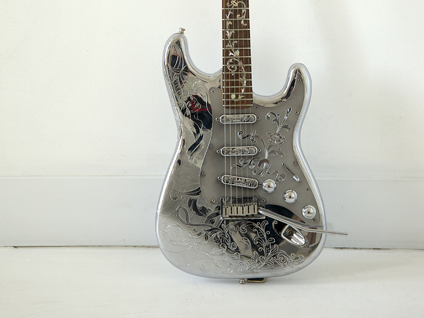 No wonder Stewart wears sunglasses so much. Check out this Fender Custom Shop silver Stratocaster, which "never goes out of tune"