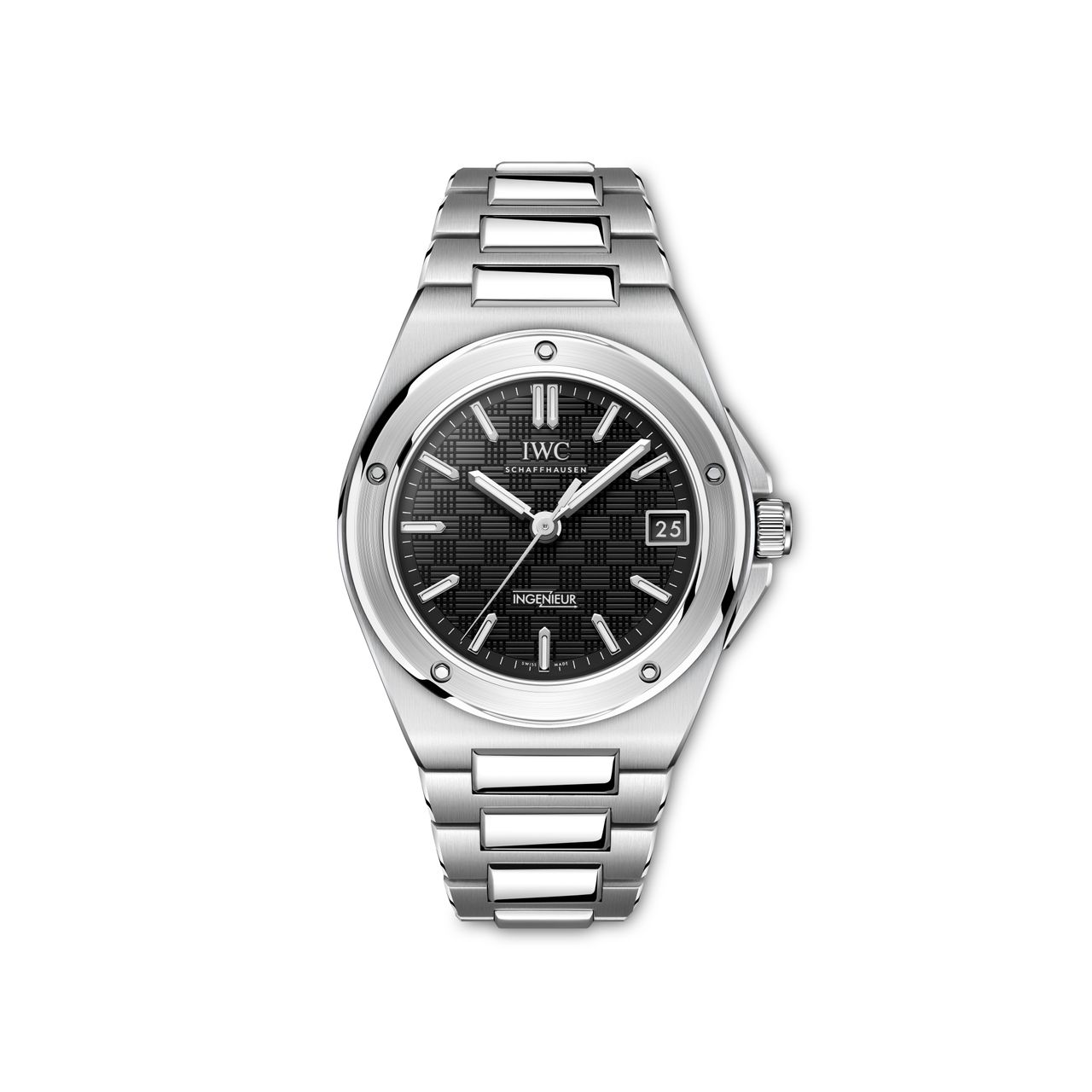 The front of IWC's new Ingenieur Automatic 35 watch in steel with a black dial that launched at Watches and Wonders 2025.