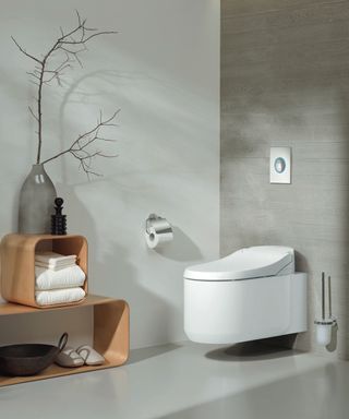 shower toilet in grey and white bathroom with wooden open cubes and chrome accessories