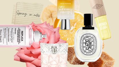 A collage of spring's new perfume launches from Maison Margiela, Issey Miyake, Juliette Has A Gun, Diptyque and Sol de Janeiro, all arranged over stock images of a rose, banana, orange slice and brown sugar cubes - on a light yellow background with text that reads: "spring in notes"