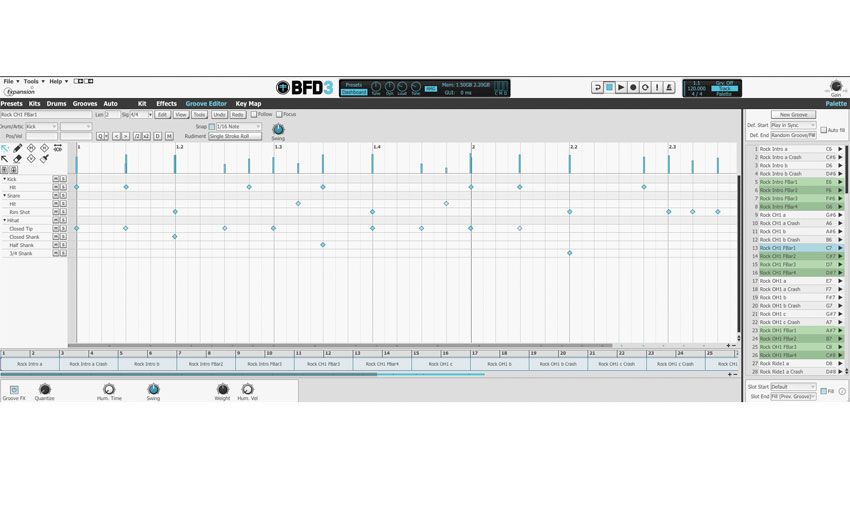 BFD3's Groove Editor gives you expansive access to a range of hits, articulations, rudiments and timing tricks