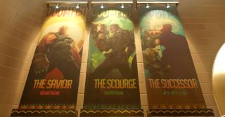 "The Savior, the Scourge, the Successor" Doomfist banners in the Numbani museum.
